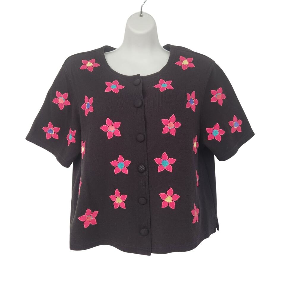 VTG. Bechamel Black Embroidered Floral‎ Sweater Cotton Cardigan Top Women's L